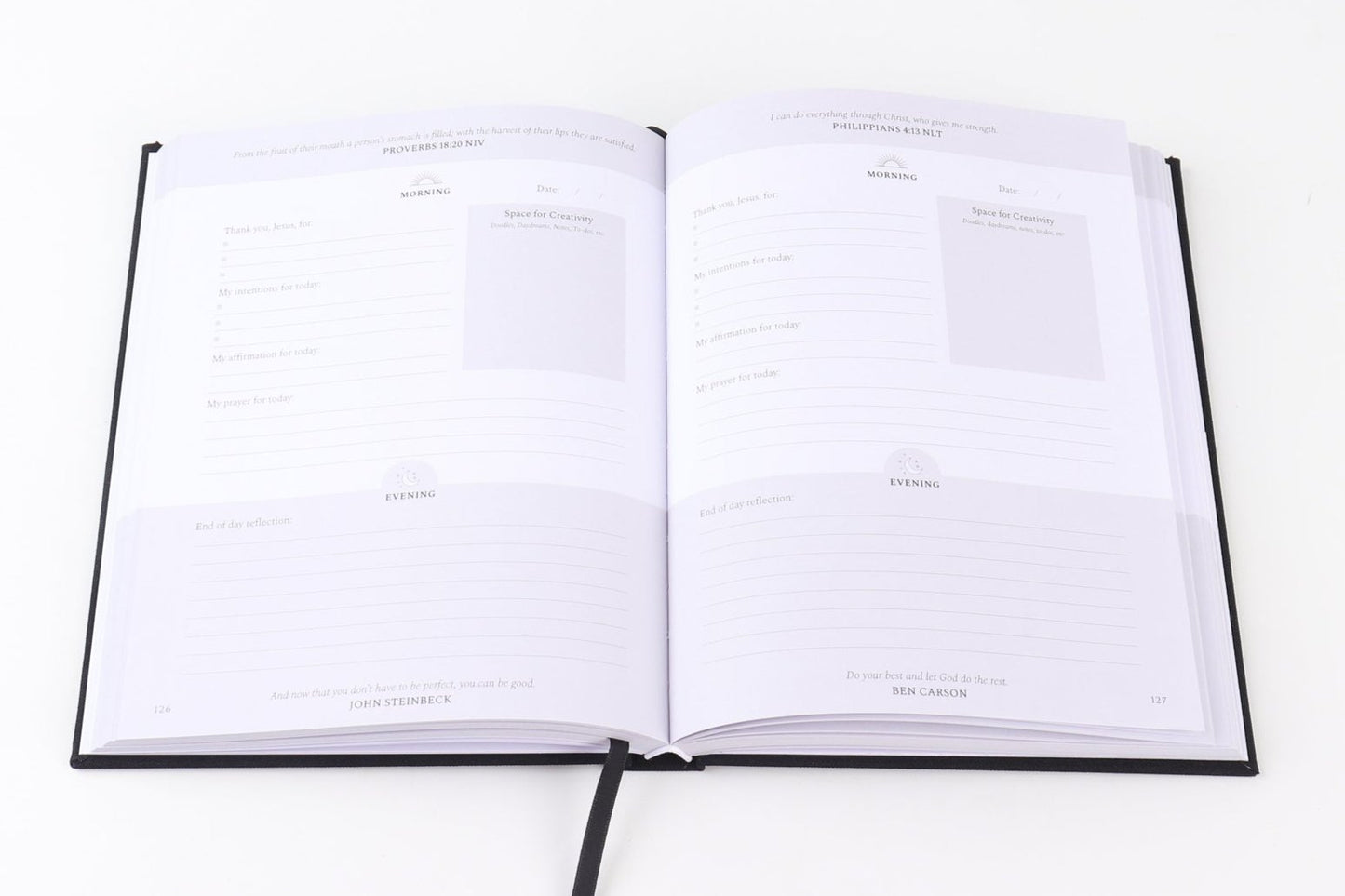 Found Rest Talking to Jesus journal full page layout. Morning and Evening section. Bible quote and motivational quote. 