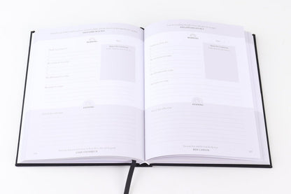 Found Rest Talking to Jesus journal full page layout. Morning and Evening section. Bible quote and motivational quote. 