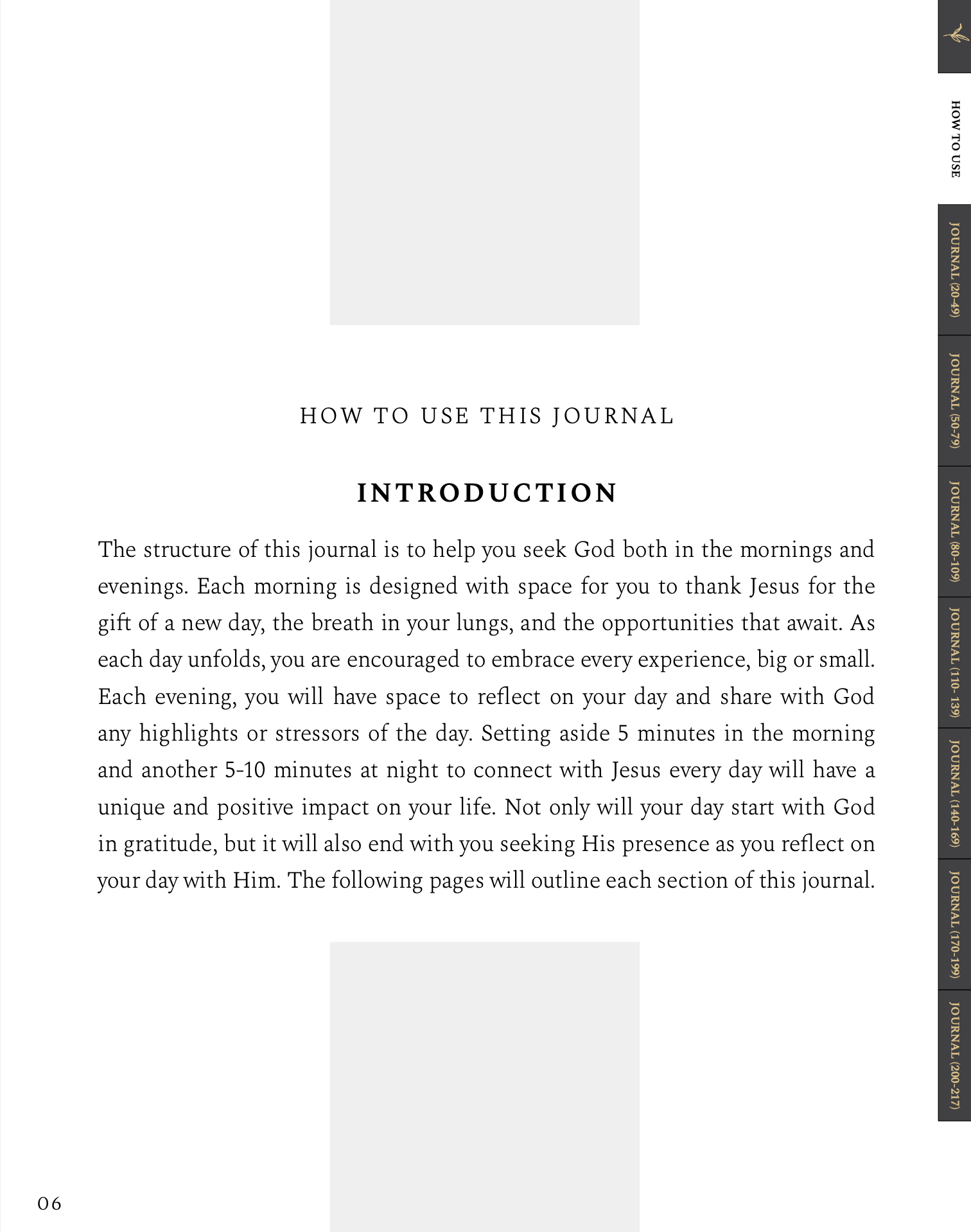 An interior page from a journal showing the 'Introduction' section with the heading 'HOW TO USE THIS JOURNAL' and several paragraphs of text, plus a narrow vertical sidebar on the right with chapter titles such as Morning Prayer, Gratitude, Family, and Reflection.