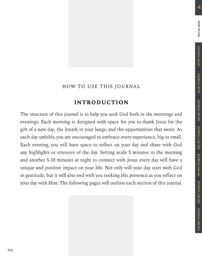 An interior page from a journal showing the 'Introduction' section with the heading 'HOW TO USE THIS JOURNAL' and several paragraphs of text, plus a narrow vertical sidebar on the right with chapter titles such as Morning Prayer, Gratitude, Family, and Reflection.
