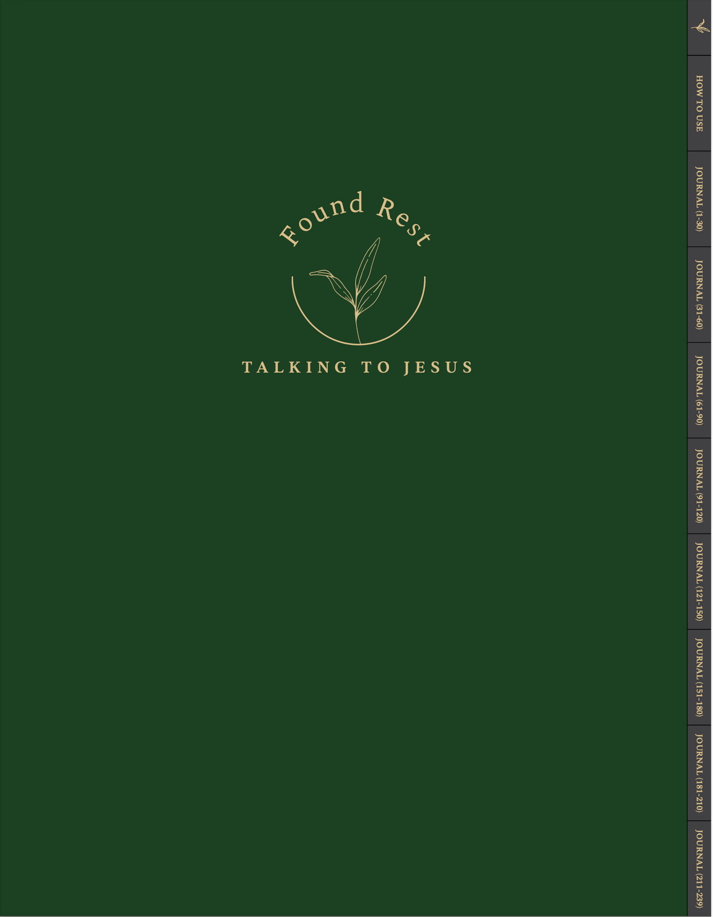 A dark green journal cover with gold foil-style text reading 'Found Rest' and 'Talking to Jesus' centered on the front, plus a narrow spine-like strip of monthly tabs along the right edge.
