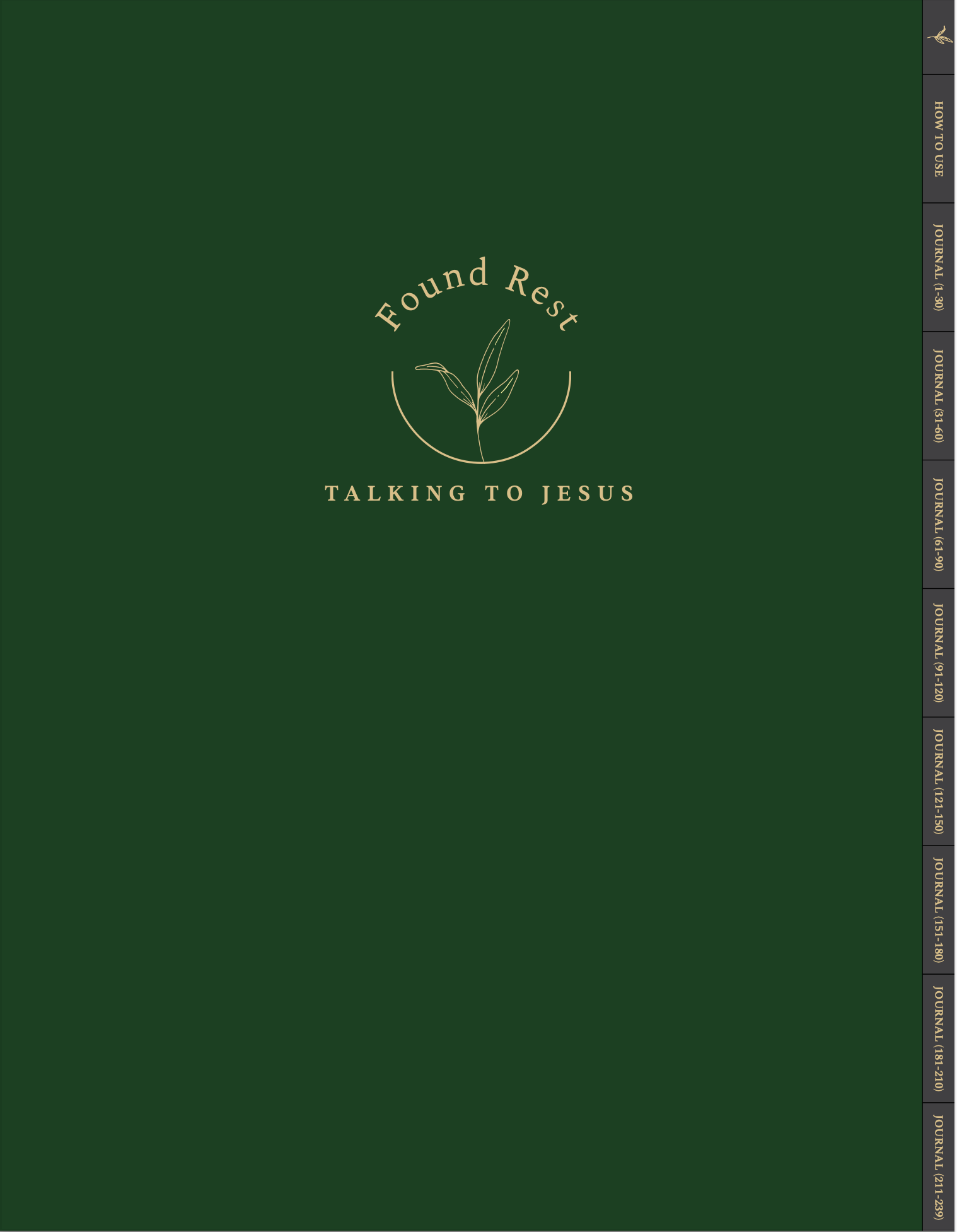 A dark green journal cover with gold foil-style text reading 'Found Rest' and 'Talking to Jesus' centered on the front, plus a narrow spine-like strip of monthly tabs along the right edge.